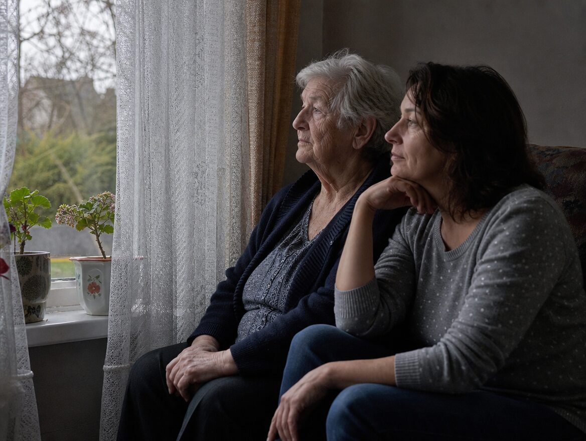 Ältere Mutter und erwachsene Tochter am Fenster
