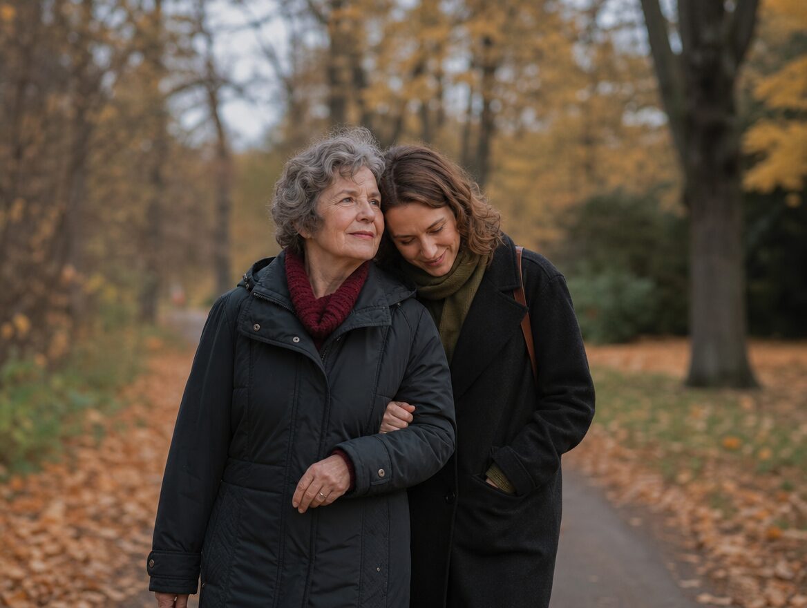 Mutter und erwachsenes Kind beim Spaziergang