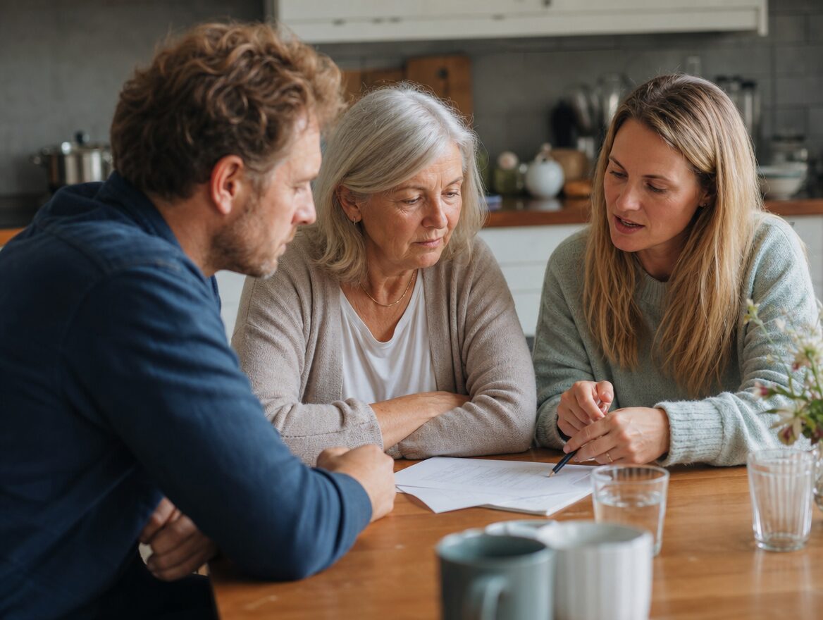 Familie plant gemeinsam am Küchentisch