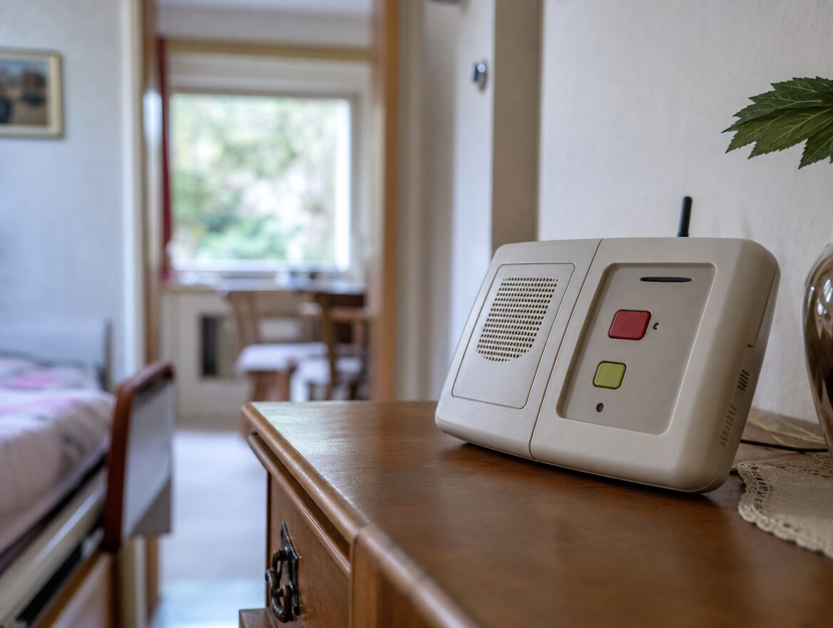 Hausnotruf-Station auf einem Sideboard