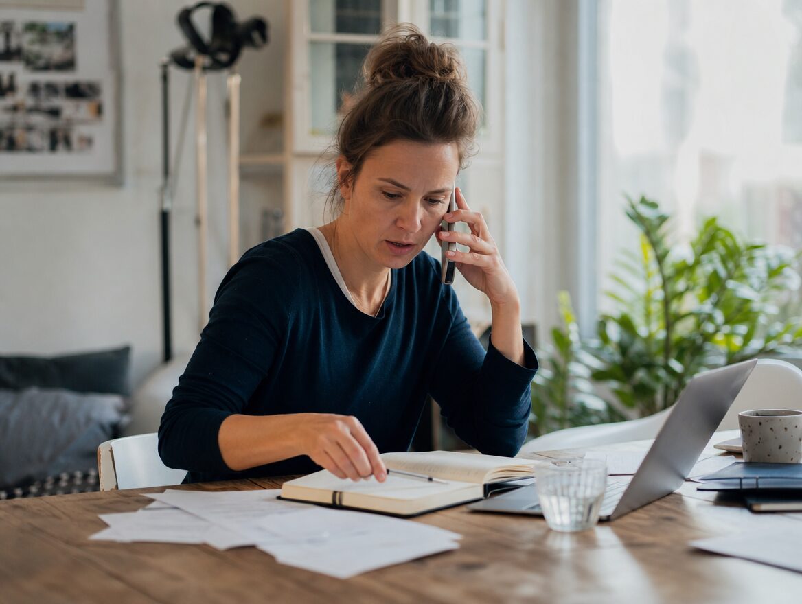 Organisatorin mit Telefon und Notizen