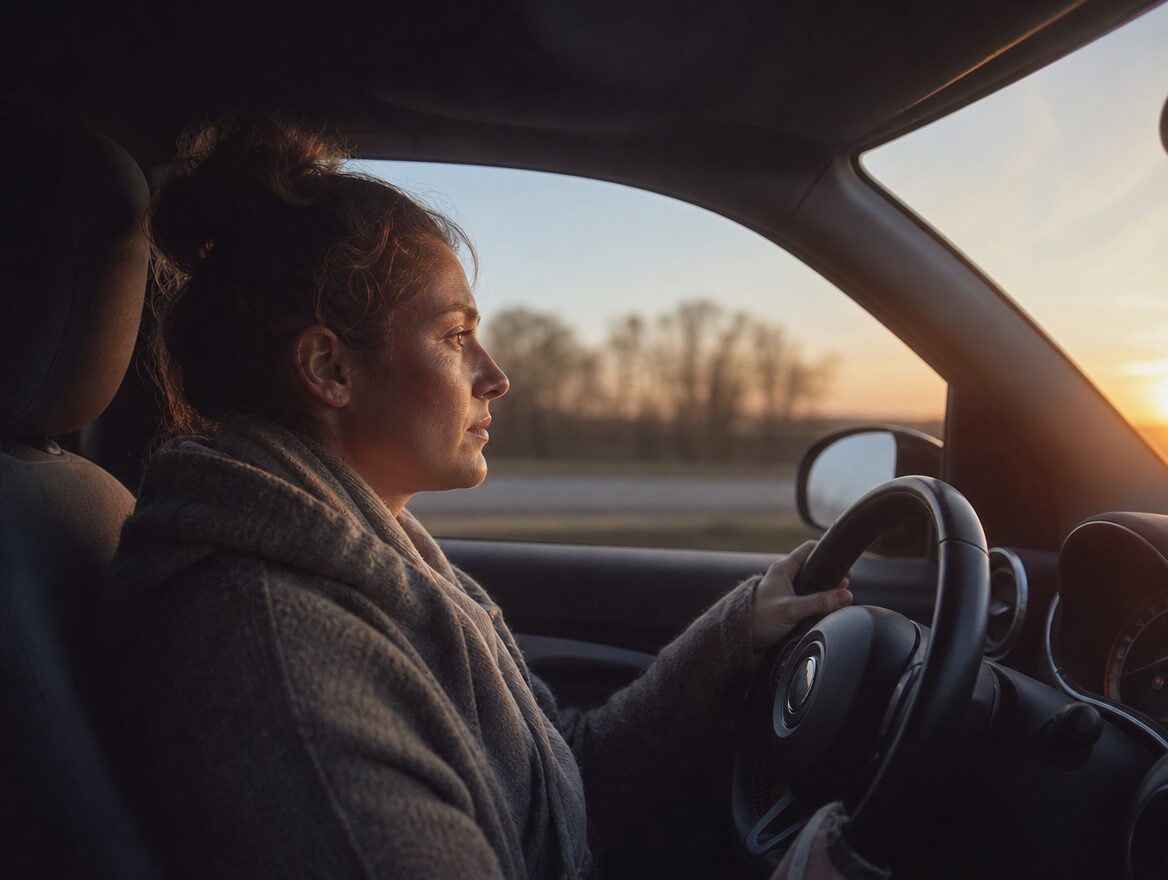 Erwachsenes Kind sitzt nachdenklich im Auto
