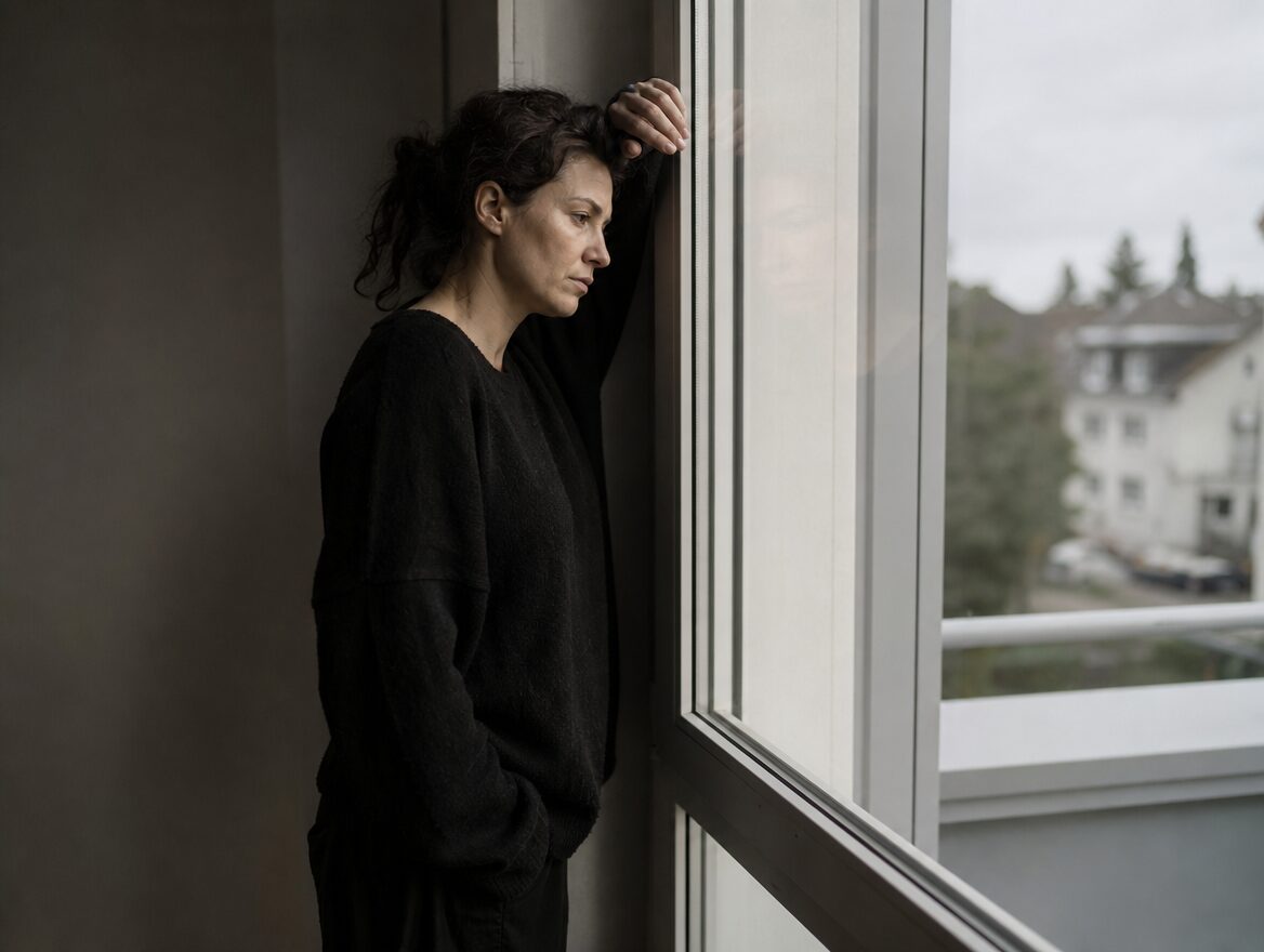 Pflegende Person allein am Fenster